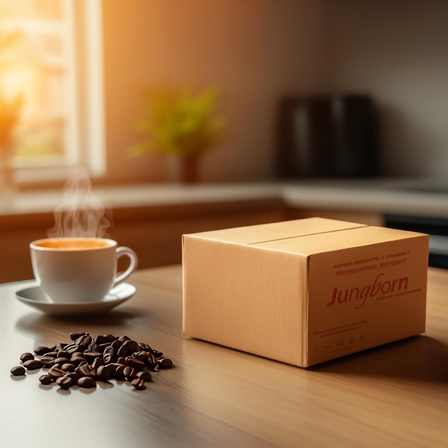 Ein gerade geliefertes Jungborn-Paket mit einer dampfenden Tasse Kaffee daneben